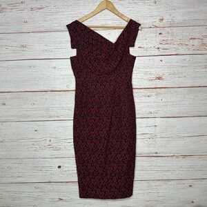 Black Halo Jackie O Sheath Dress in Dark Red and Black Floral Lace  Sz 8